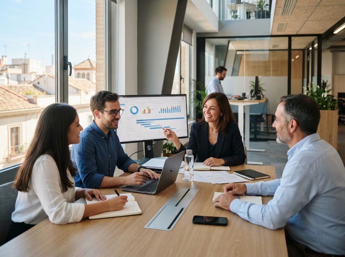 Sólurezo equipo trabajando con paneles de análisis de datos financieros